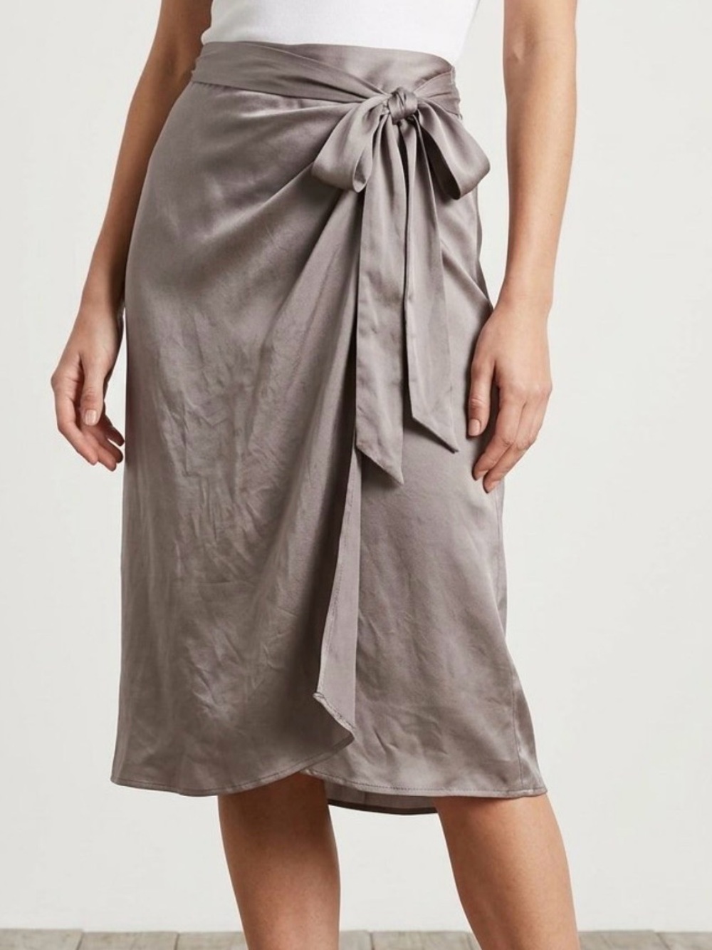 Vintage Free People 100% Silk Tie-Waist Midi Skirt in Taupe